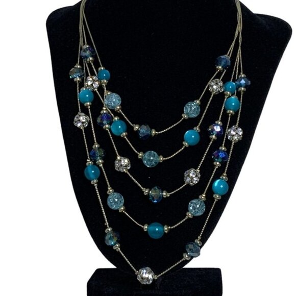 Glass Bead Crystal Necklace Cascade 5 Layer Faceted Sparkly By M. Haskell Blues - Picture 16 of 16